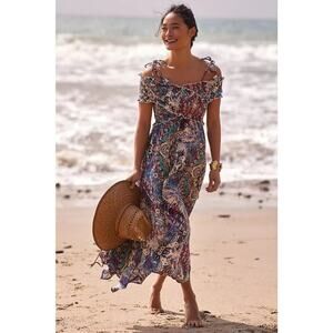 NWT Anthropologie Smocked Gauze Criss-Cross Maxi Off Shoulder Dress Sz S #8F412